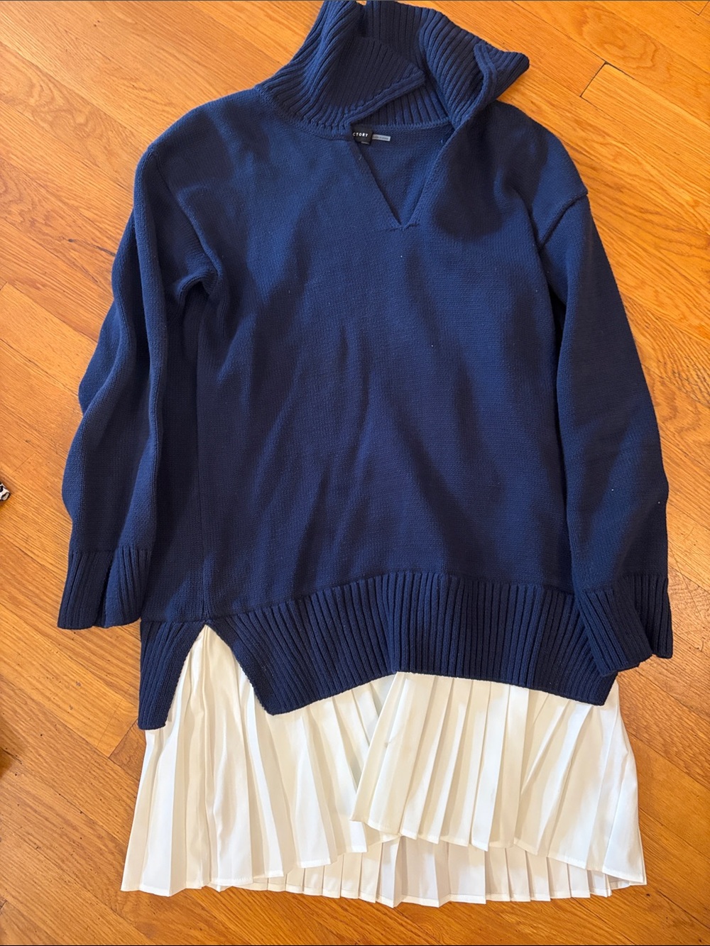 English Factory Navy Hooded Sweater Dress with White Pleated Hem Accent